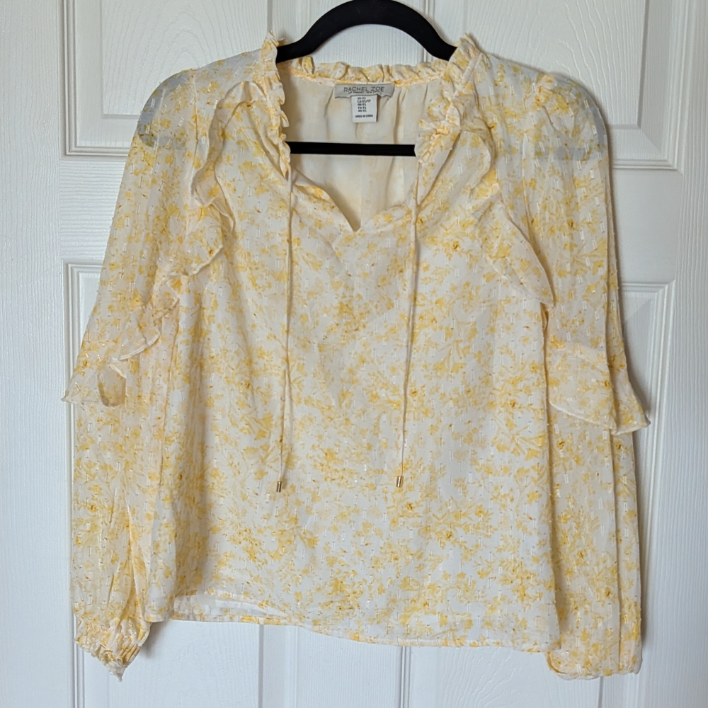 Rebecca Taylor Yellow Floral Ruffle Long-Sleeve Blouse